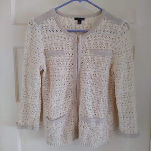 ANN TAYLOR Women's Full Zip Crochet Cardigan Sweater. Beige / Ivory Size. S